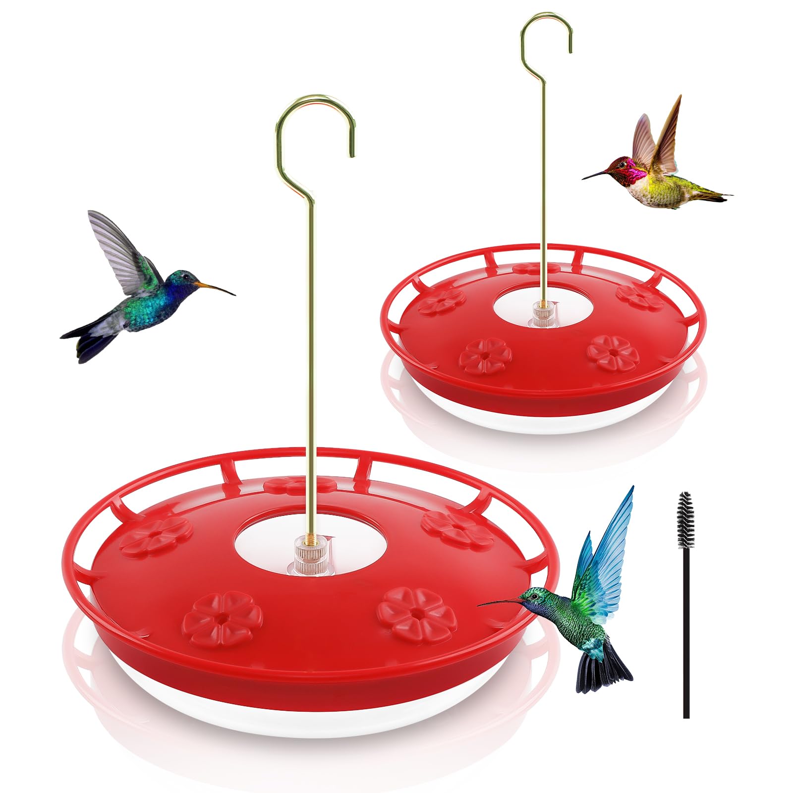 Paquete de 2 comederos para colibríes de 16 OZ para exteriores, 5 puertos de alimentación, cepillos de limpieza a prueba de hormigas y abejas, a prueba de fugas, néctar, relleno fácil de limpiar para pájaros